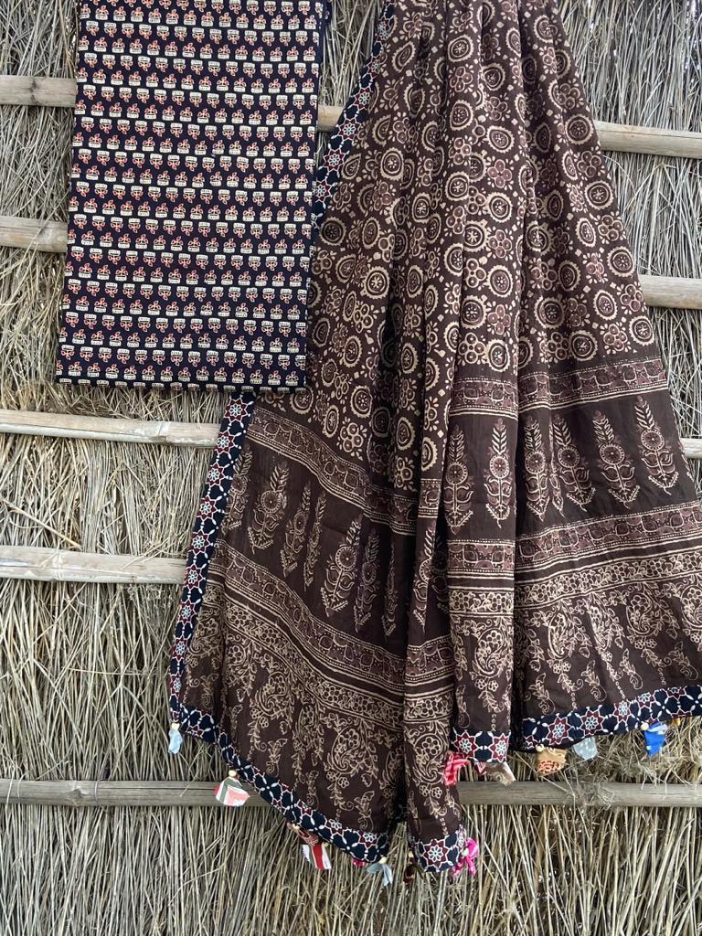 Sanganeri pure cotton dupatta patch up with Ajrakh border and Ajrakh printed top