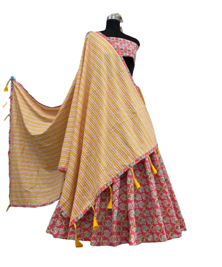 Cotton print lehenga with dupatta and blouse