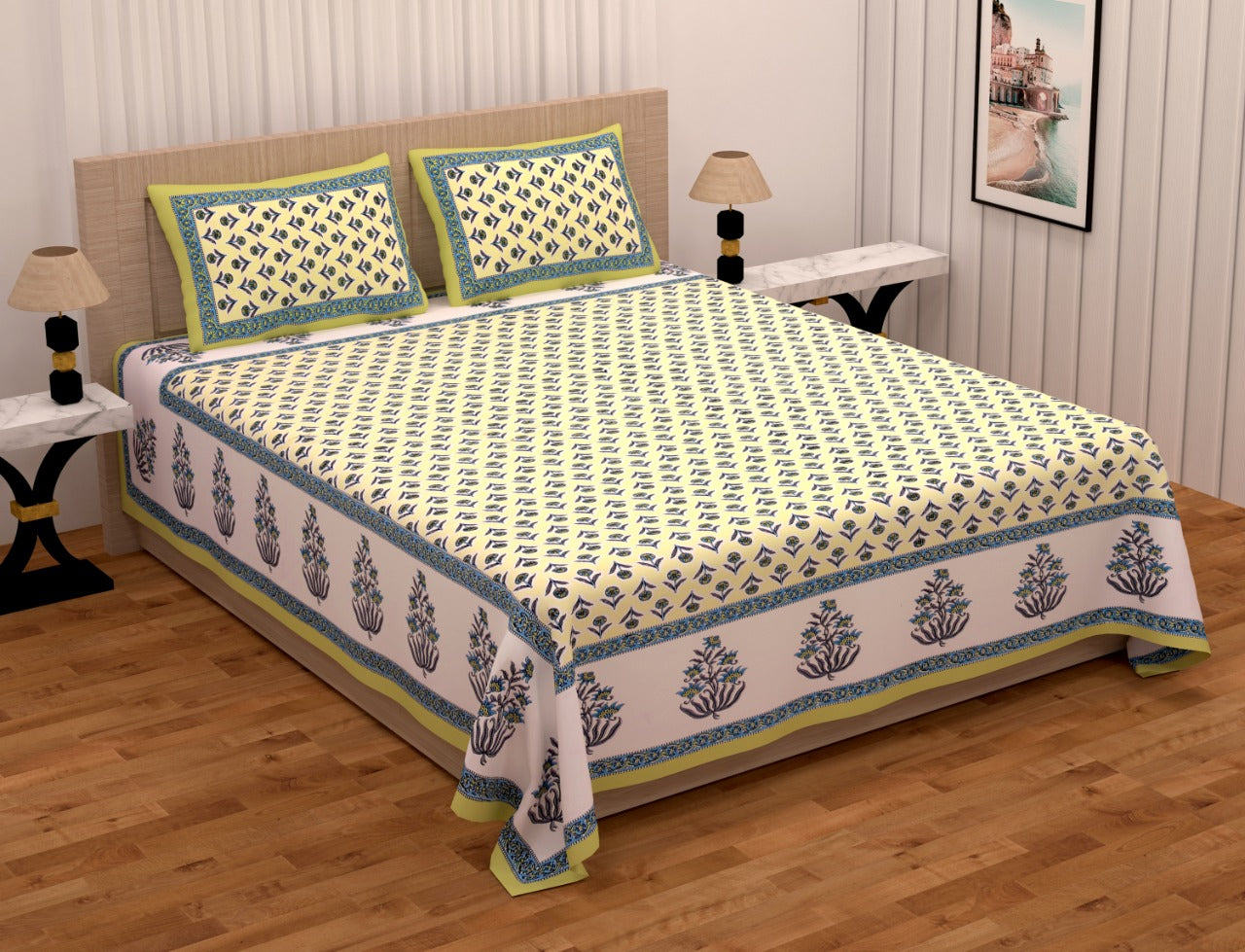 Yellow colored Jaipuri Bagru Hand Block Printed Double Bedsheets with stitched pillow cover